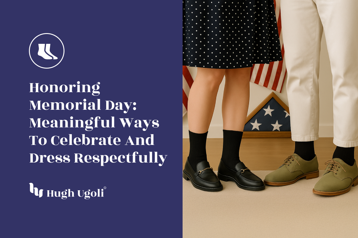 Man and woman dressed in black socks and formal shoes standing side by side in front of American flags, representing respectful Memorial Day attire.